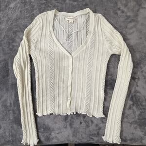 Aéropostale White Open-Knit Cardigan Sweater Button V-Neck Long Sleeve S Women